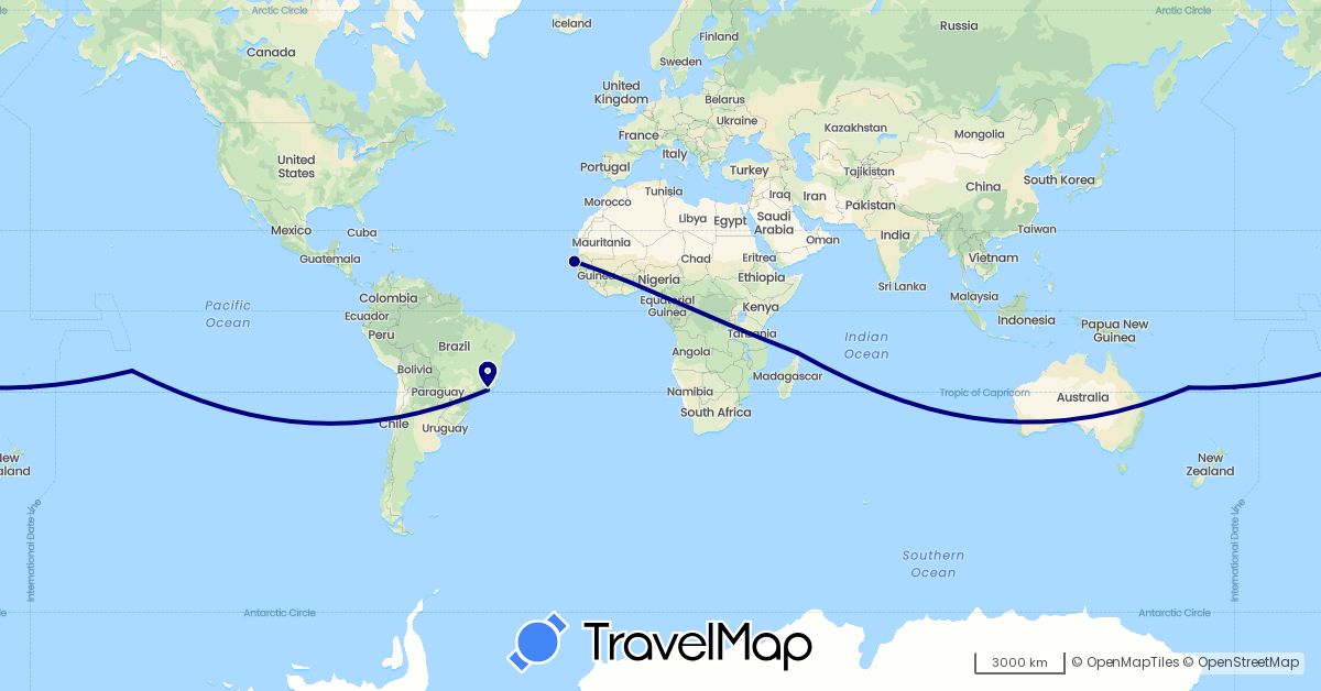 TravelMap itinerary: driving in Brazil, France, Madagascar, Senegal (Africa, Europe, South America)